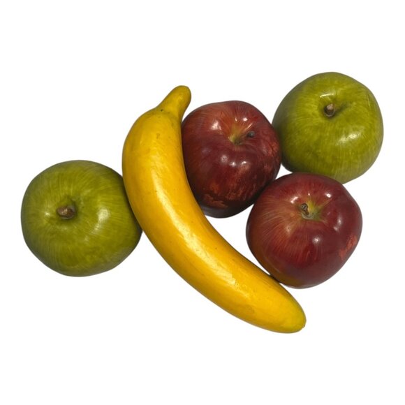 Rustic Faux Fruit & Wooden Basket Set | Red & Green Apples, 8" Banana | Farmhous - Picture 2 of 6